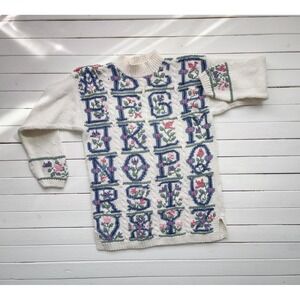 vtg Northern Isles cottagecore alphabet‎ floral lettings hand knit sweater